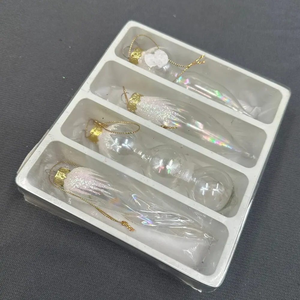 VTG Blown Glass Icicle Christmas Ornaments Clear Iridescent Glitter 4 pc Glam